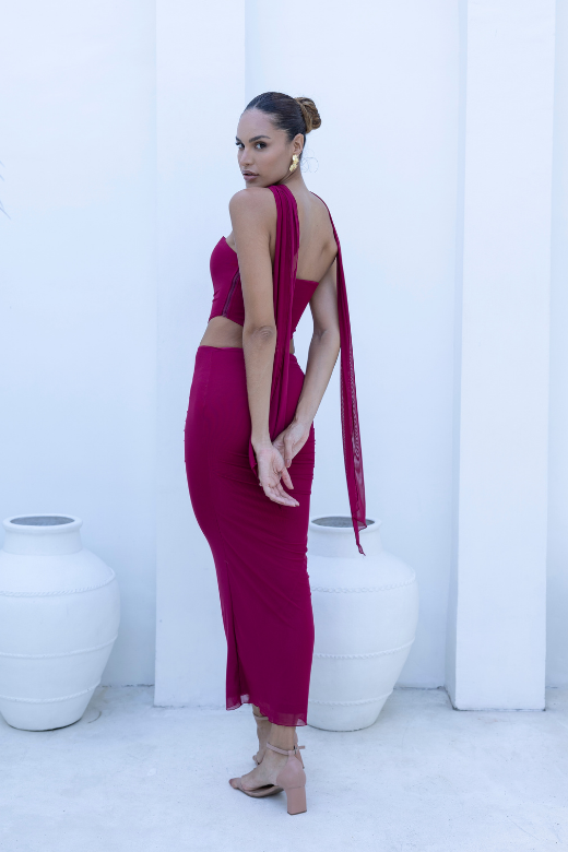 Woman wearing a figure flattering Margot Wrap Top and Maxi Skirt Outfit Set - Red Wine BODYCON COLLECTION