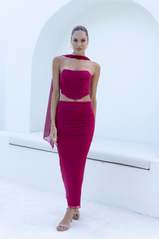 Woman wearing a figure flattering Margot Wrap Top and Maxi Skirt Outfit Set - Red Wine BODYCON COLLECTION