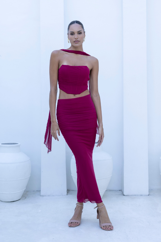 Woman wearing a figure flattering Margot Wrap Top and Maxi Skirt Outfit Set - Red Wine BODYCON COLLECTION