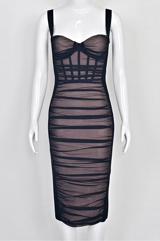 Woman wearing a figure flattering Marilyn Bodycon Wrap Midi Dress - Classic Black BODYCON COLLECTION