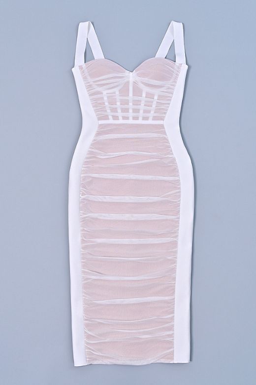 Woman wearing a figure flattering Marilyn Bodycon Wrap Midi Dress - Pearl White BODYCON COLLECTION