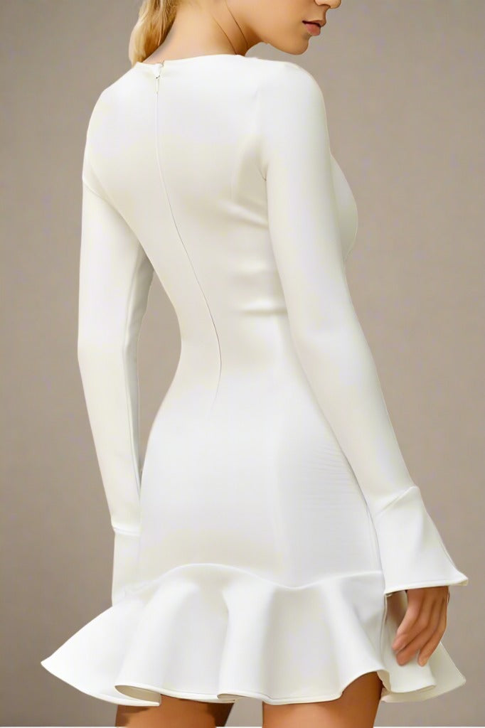 Woman wearing a figure flattering  Mary Long Sleeve Bodycon Mini Dress - Pearl White BODYCON COLLECTION