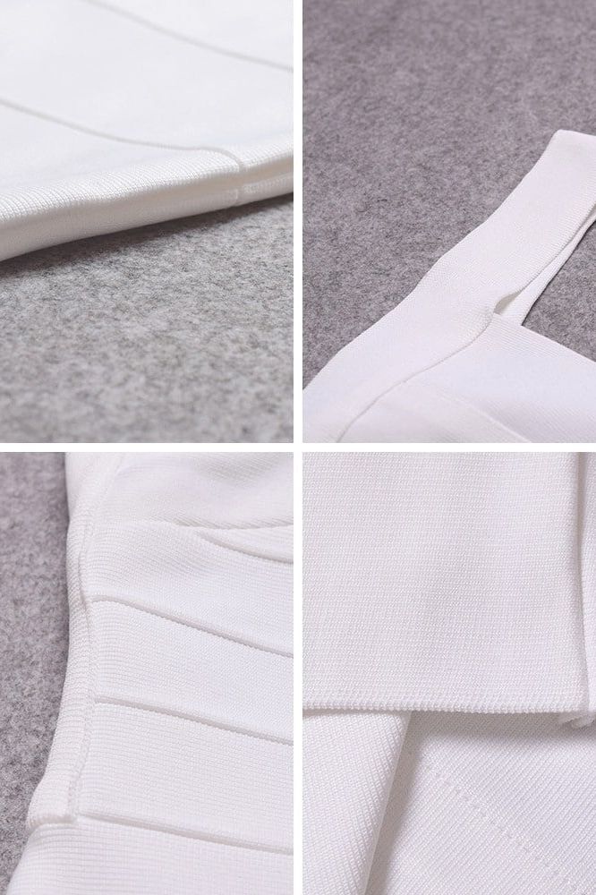 Woman wearing a figure flattering Maya Bandage Mini Dress - Pearl White BODYCON COLLECTION