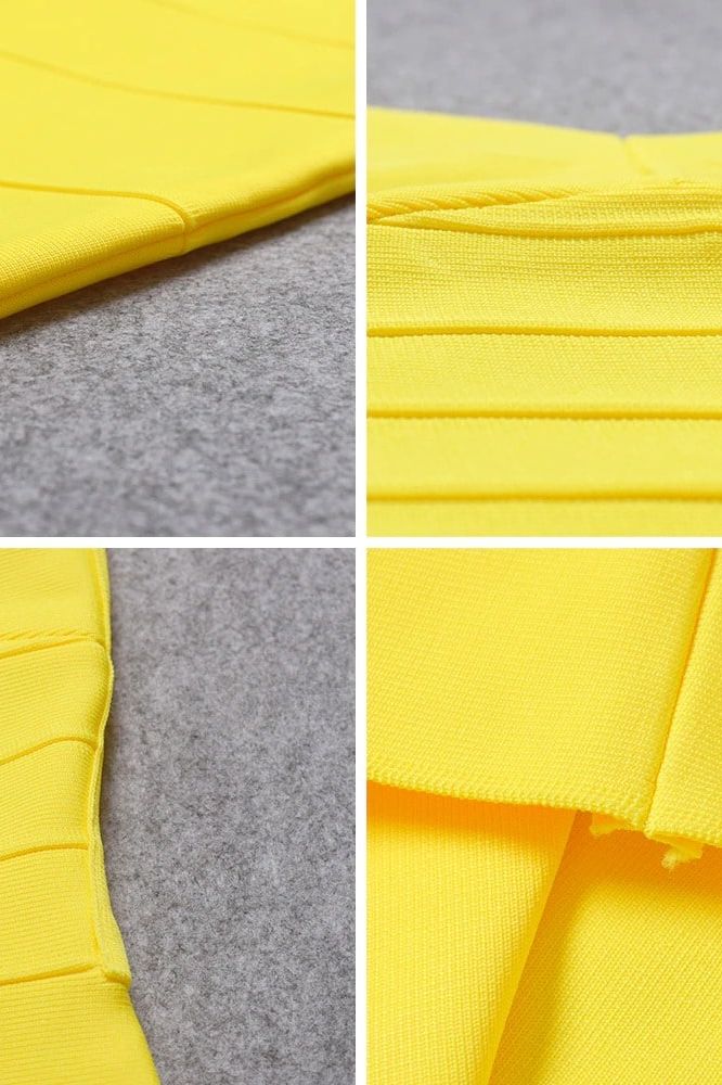 Woman wearing a figure flattering Maya Bandage Mini Dress - Sun Yellow BODYCON COLLECTION