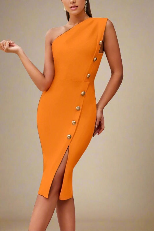 Woman wearing a figure flattering  Mel Bodycon Midi Dress - Apricot Orange BODYCON COLLECTION