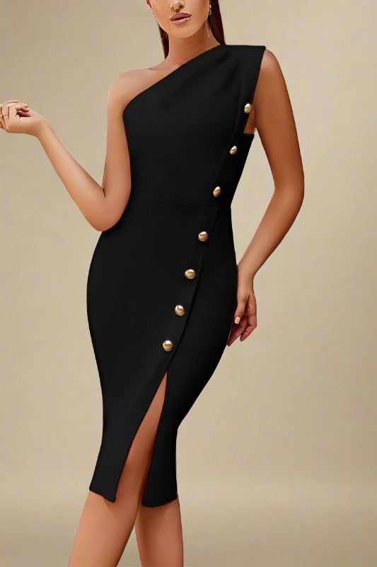 Woman wearing a figure flattering  Mel Bodycon Midi Dress - Classic Black BODYCON COLLECTION