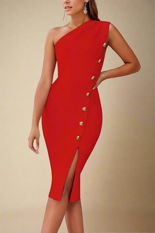 Woman wearing a figure flattering  Mel Bodycon Midi Dress - Lipstick Red BODYCON COLLECTION