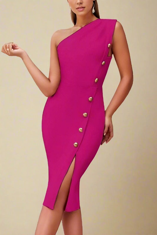 Woman wearing a figure flattering  Mel Bodycon Midi Dress - Magenta Pink BODYCON COLLECTION