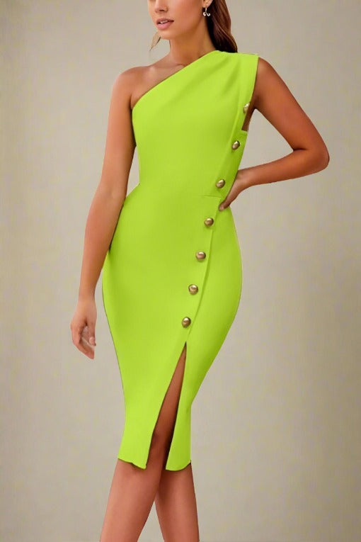 Woman wearing a figure flattering  Mel Bodycon Midi Dress - Neon Green BODYCON COLLECTION