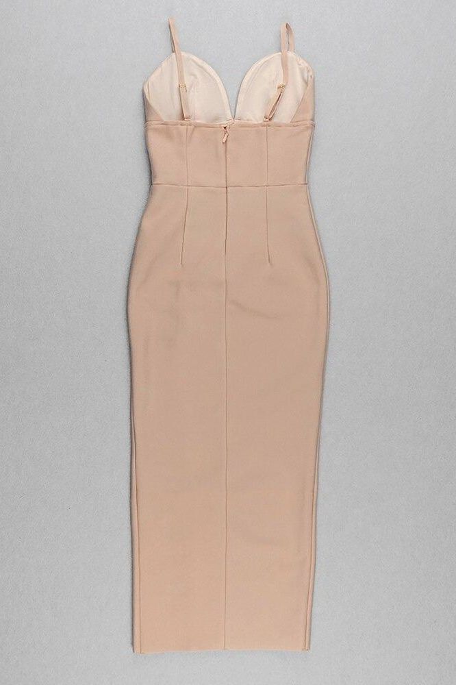 Woman wearing a figure flattering  Milan Bandage Midi Dress - Nude BODYCON COLLECTION