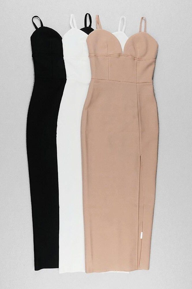 Woman wearing a figure flattering  Milan Bandage Midi Dress - Nude BODYCON COLLECTION