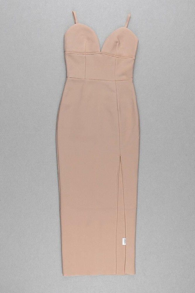 Woman wearing a figure flattering  Milan Bandage Midi Dress - Nude BODYCON COLLECTION