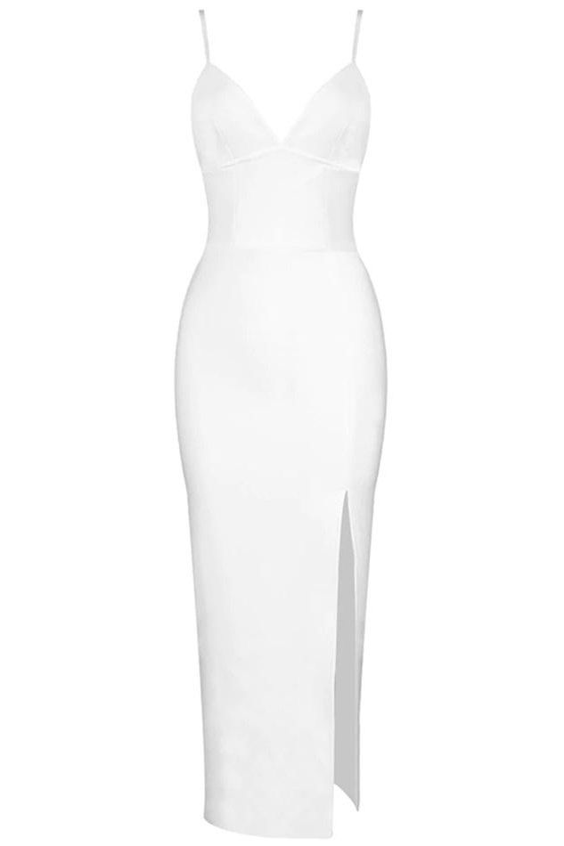 Woman wearing a figure flattering  Milan Bandage Midi Dress - Pearl White BODYCON COLLECTION