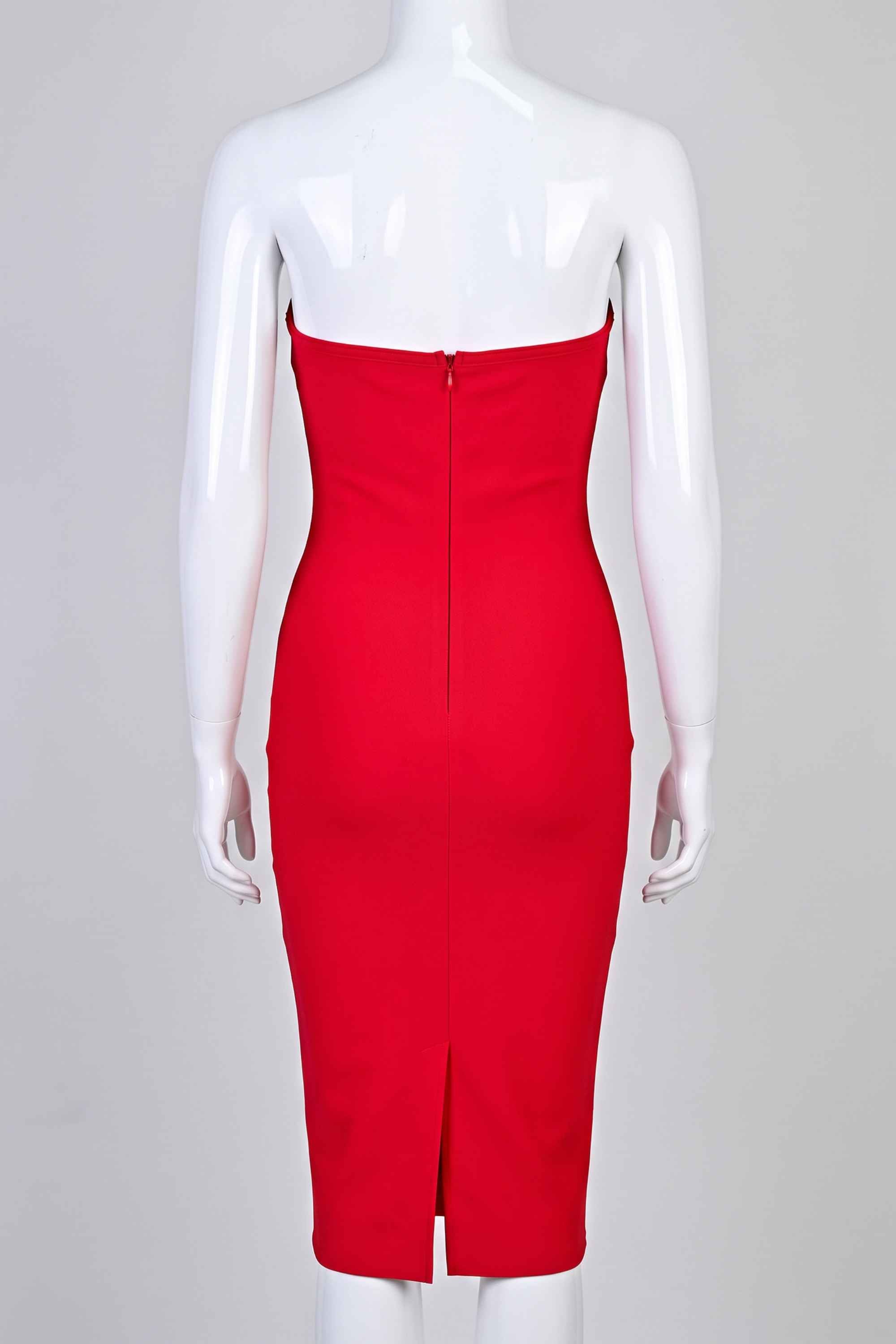 Woman wearing a figure flattering Miles Bodycon Midi Dress - Lipstick Red BODYCON COLLECTION