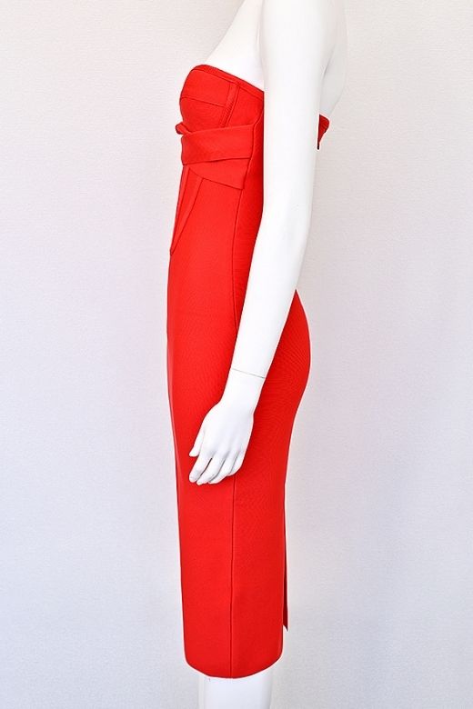 Woman wearing a figure flattering Miles Bodycon Midi Dress - Lipstick Red BODYCON COLLECTION