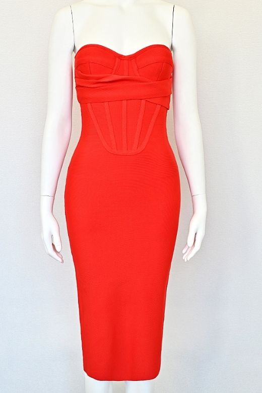 Woman wearing a figure flattering Miles Bodycon Midi Dress - Lipstick Red BODYCON COLLECTION