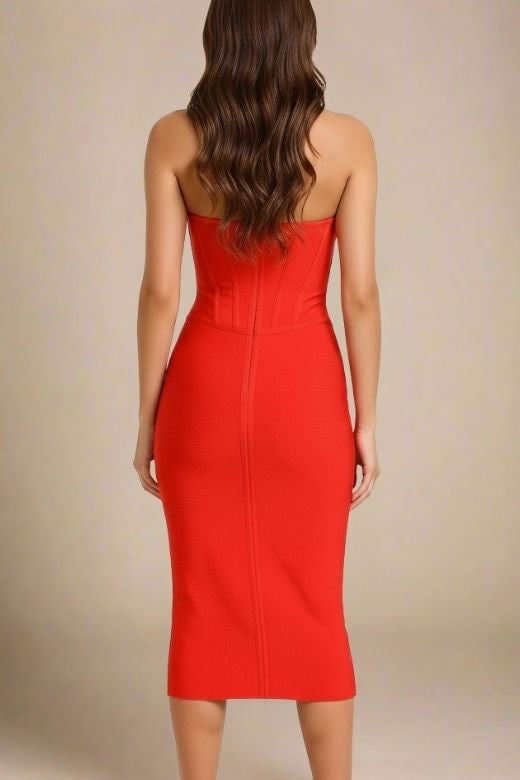 Woman wearing a figure flattering Miles Bodycon Midi Dress - Lipstick Red BODYCON COLLECTION