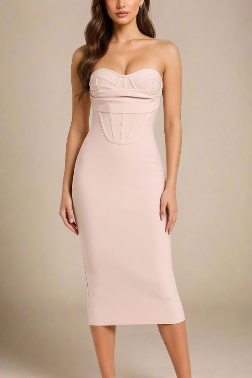 Bodycon COLLECTION Women's Nude Strapless Corset Style Bodycon Midi Dress, Polyester and Elastane, Size S Bodycon COLLECTION Women's Nude Strapless Corset Style Bodycon Midi Dress, Polyester and Elastane, Size S