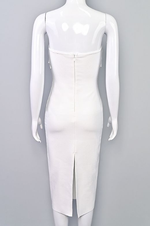 Woman wearing a figure flattering Miles Bodycon Midi Dress - Pearl White BODYCON COLLECTION