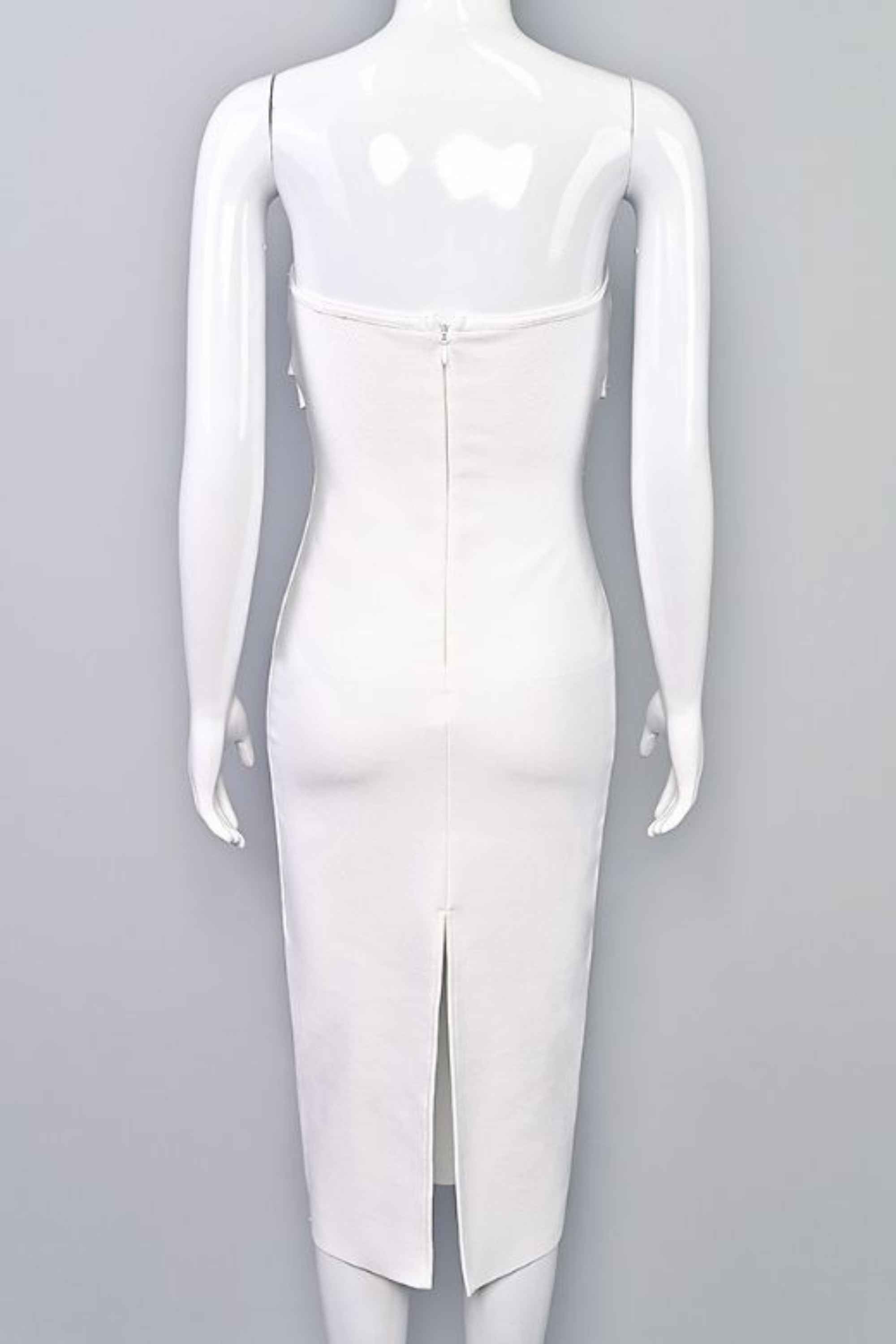 Woman wearing a figure flattering Miles Bodycon Midi Dress - Pearl White BODYCON COLLECTION
