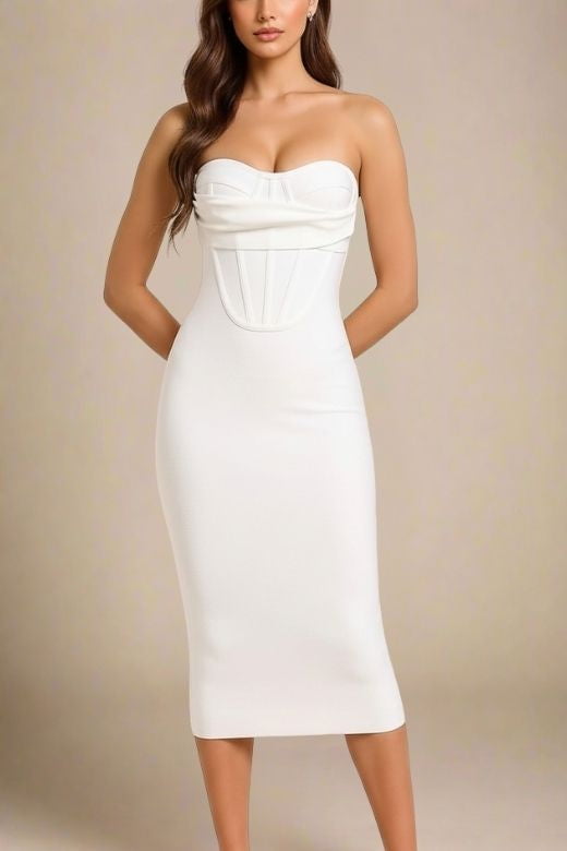 Woman wearing a figure flattering Miles Bodycon Midi Dress - Pearl White BODYCON COLLECTION