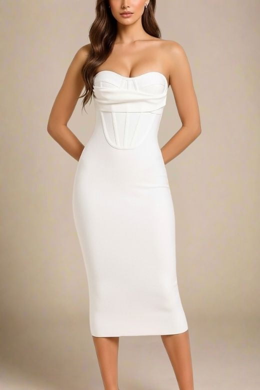 Woman wearing a figure flattering Miles Bodycon Midi Dress - Pearl White BODYCON COLLECTION