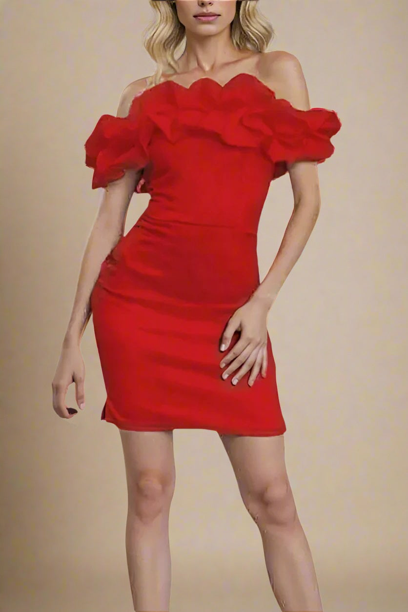 Woman wearing a figure flattering Minnie Bodycon Mini Dress - Lipstick Red BODYCON COLLECTION