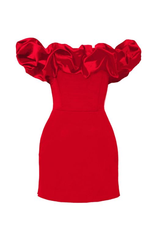Woman wearing a figure flattering Minnie Bodycon Mini Dress - Lipstick Red BODYCON COLLECTION