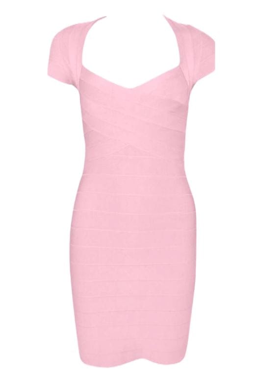 Woman wearing a figure flattering  Miranda Bandage Mini Dress - Ballet Pink Bodycon Collection