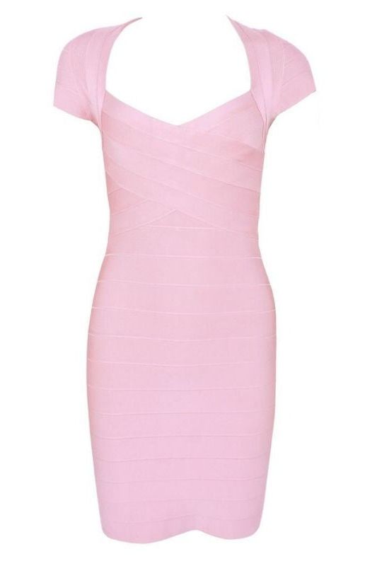 Woman wearing a figure flattering  Miranda Bandage Mini Dress - Dusty Pink Bodycon Collection