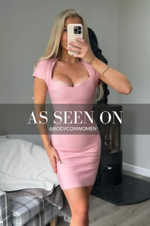 Woman wearing a figure flattering Miranda Bandage Mini Dress - Dusty Pink Bodycon Collection