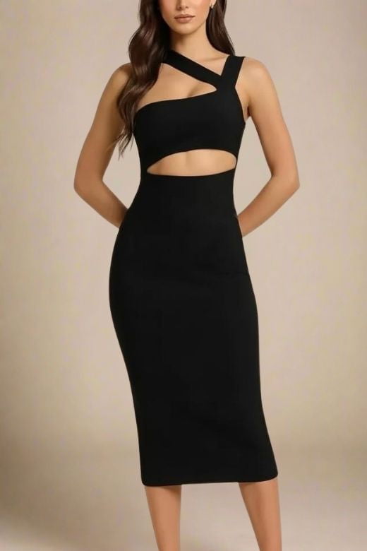 Woman wearing a figure flattering Molly Bandage Midi Dress - Classic Black BODYCON COLLECTION