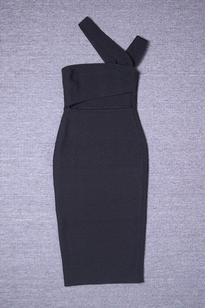 Woman wearing a figure flattering Molly Bandage Midi Dress - Classic Black BODYCON COLLECTION