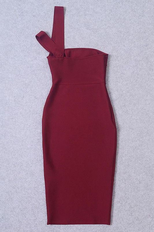 Woman wearing a figure flattering Molly Bandage Midi Dress - Red Wine BODYCON COLLECTION
