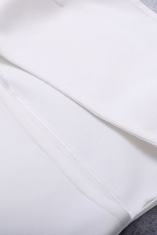 Woman wearing a figure flattering Molly Bandage Midi Dress - White Pearl BODYCON COLLECTION