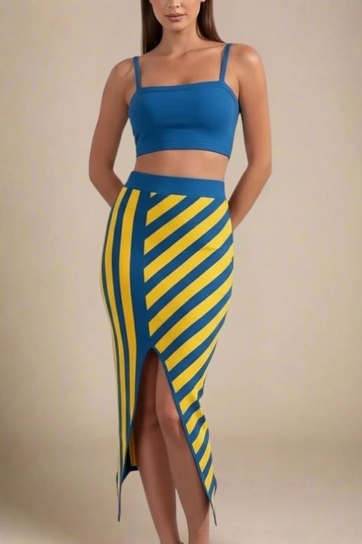 Woman wearing a figure flattering Nadia Bandage Crop Top and Midi Skirt Outfit Set - Royal Blue BODYCON COLLECTION