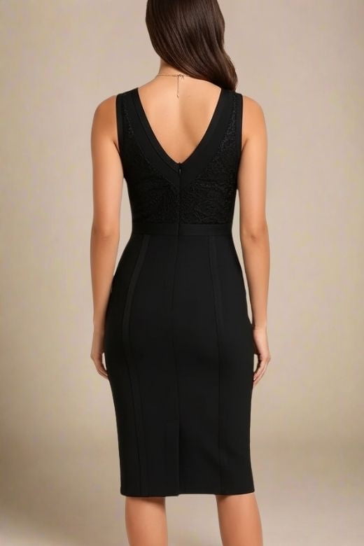 Woman wearing a figure flattering Noa V Neck Bodycon Dress - Classic Black BODYCON COLLECTION
