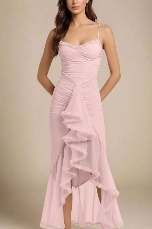 strapless open back dress Backless Ruffle Trim Ruched Bodycon Tube Dress, Pink / Xs