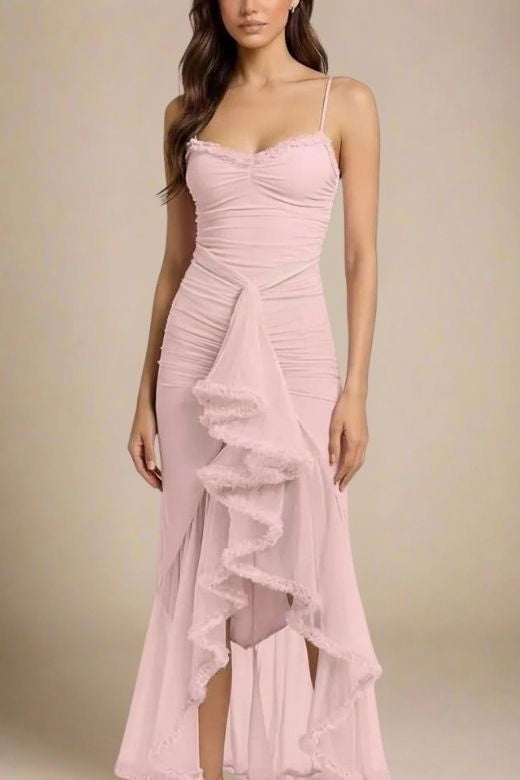 Woman wearing a figure flattering Noah Bodycon Wrap Midi Dress- Dusty Pink BODYCON COLLECTION