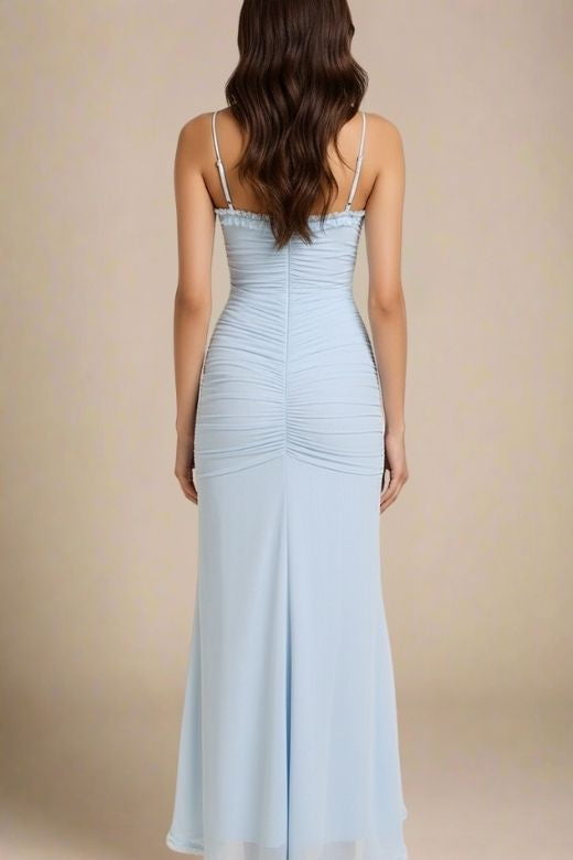 Woman wearing a figure flattering Noah Bodycon Wrap Midi Dress - Sky Blue BODYCON COLLECTION