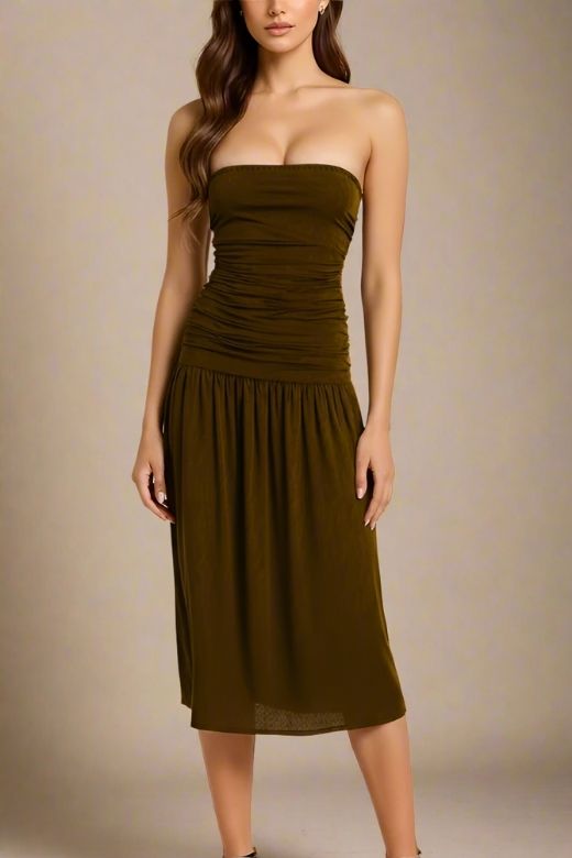 Woman wearing a figure flattering  North Bodycon Wrap Midi Dress - Chocolate Brown BODYCON COLLECTION Pty Ltd