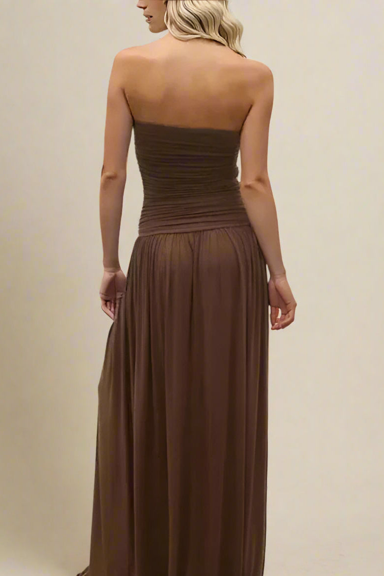Woman wearing a figure flattering North Wrap Maxi Dress - Chocolate Brown BODYCON COLLECTION Pty Ltd
