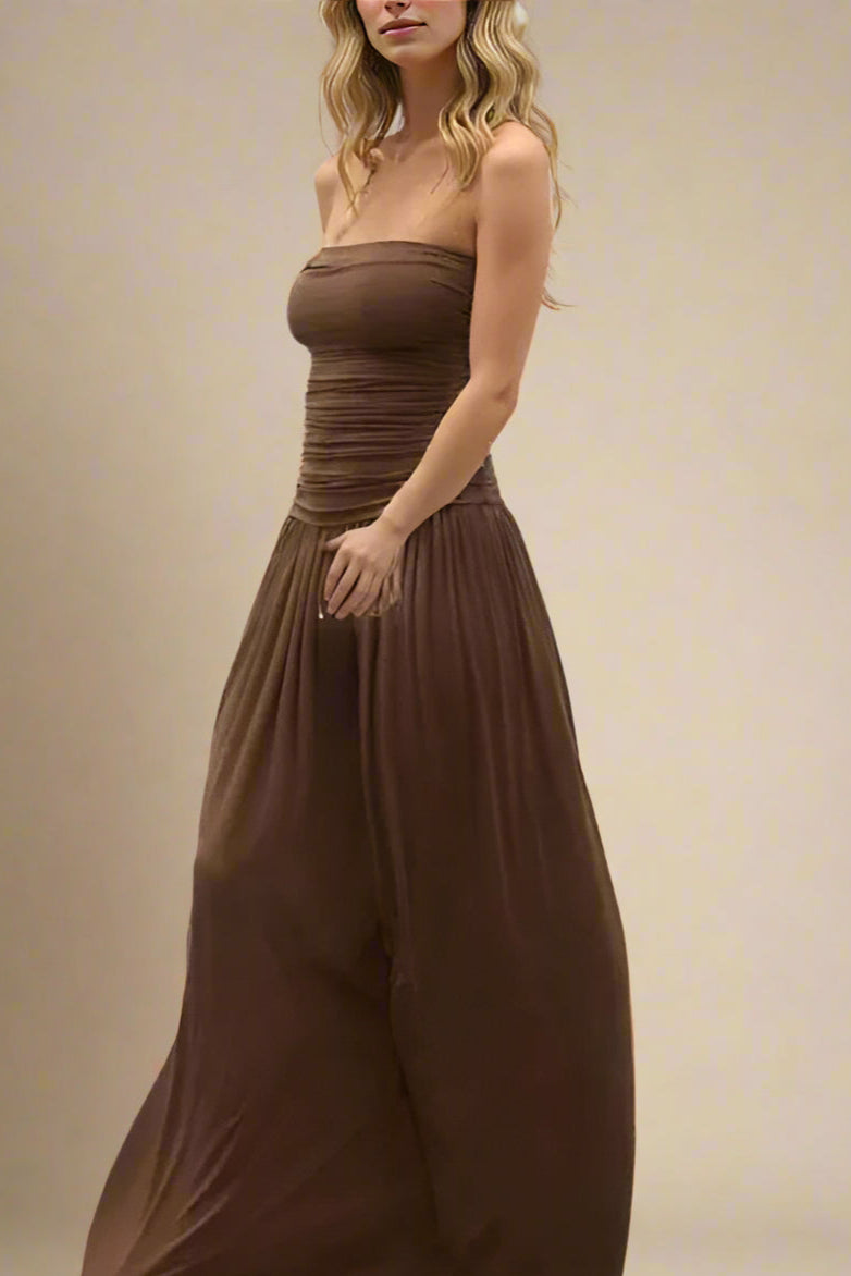 Woman wearing a figure flattering North Wrap Maxi Dress - Chocolate Brown BODYCON COLLECTION Pty Ltd