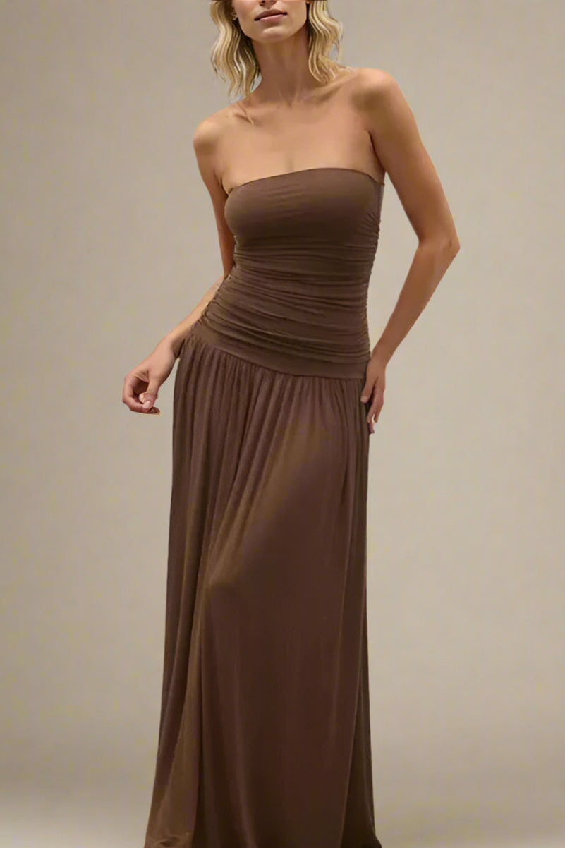 Woman wearing a figure flattering North Wrap Maxi Dress - Chocolate Brown BODYCON COLLECTION Pty Ltd