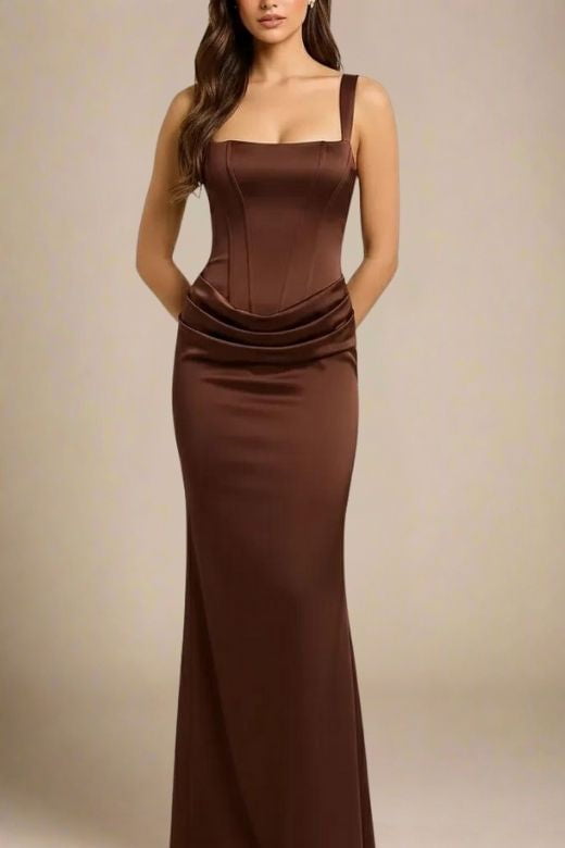 Woman wearing a figure flattering Nova Bodycon Wrap Maxi Dress - Coffee Brown BODYCON COLLECTION Pty Ltd