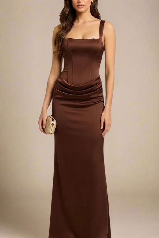 Woman wearing a figure flattering Nova Bodycon Wrap Maxi Dress - Coffee Brown BODYCON COLLECTION Pty Ltd