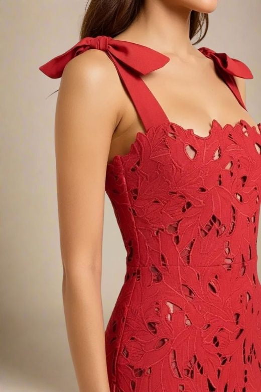 Woman wearing a figure flattering Odette Bodycon Lace Maxi Dress - Lipstick Red BODYCON COLLECTION