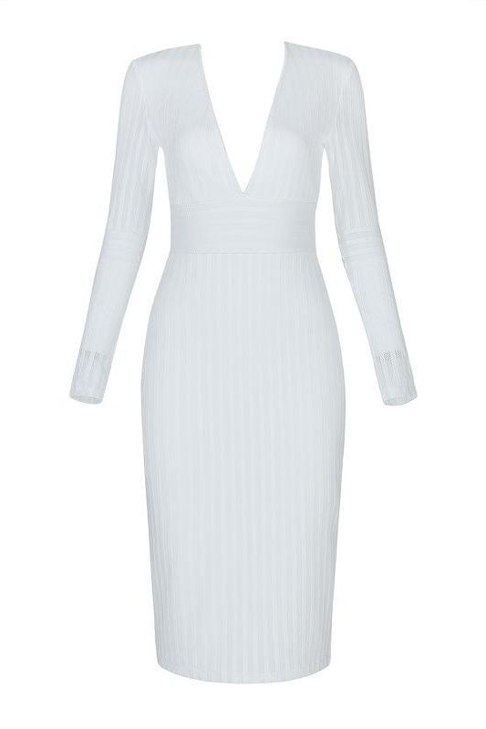 Woman wearing a figure flattering  Olivia Long Sleeve Bandage Midi Dress - Pearl White Bodycon Collection