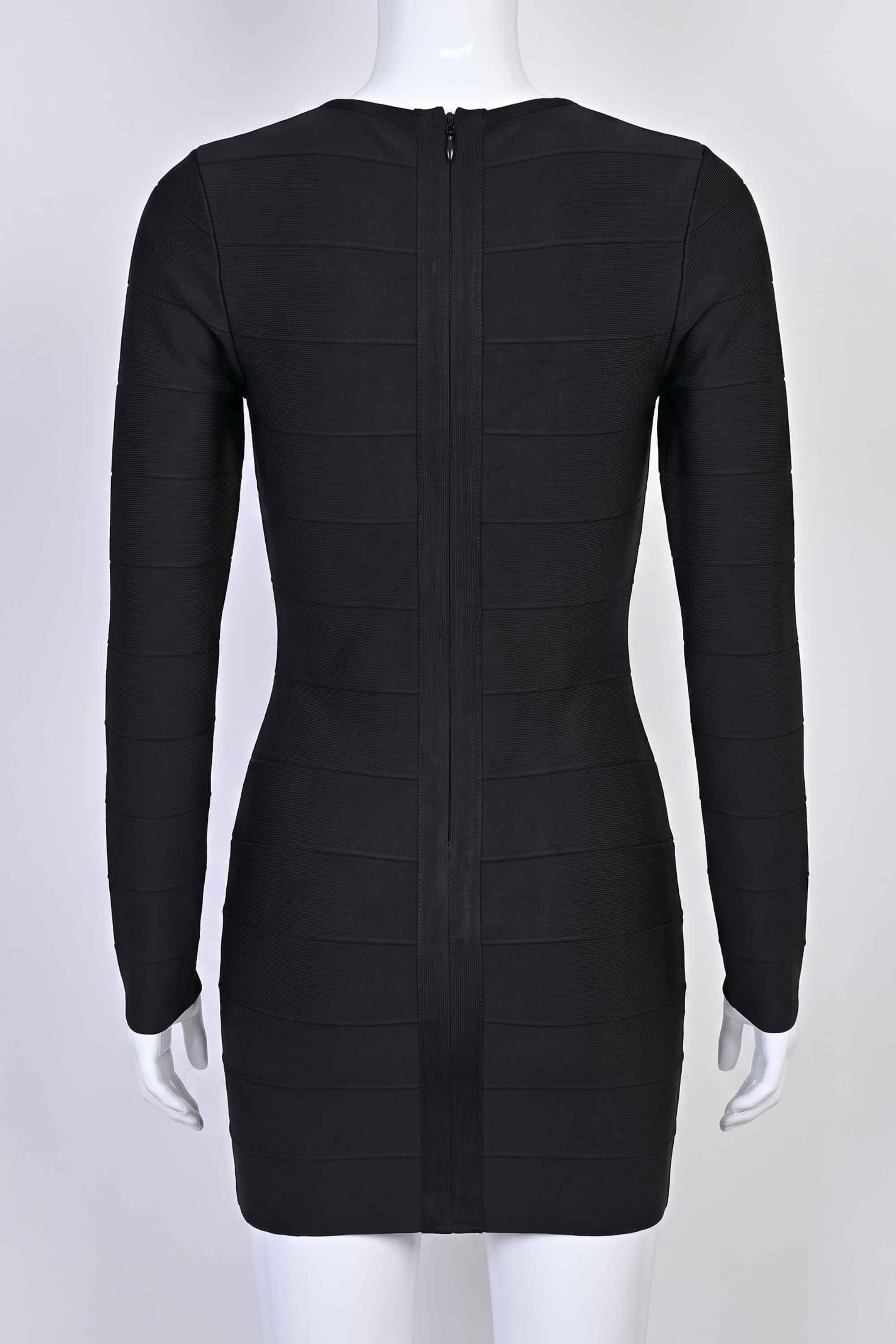 Woman wearing a figure flattering Pamela Long Sleeve Bandage Mini Dress - Classic Black BODYCON COLLECTION
