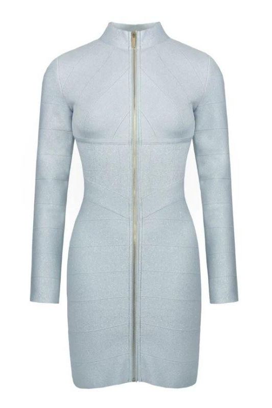 Woman wearing a figure flattering  Paris Long Sleeve Bandage Mini Dress - Silver BODYCON COLLECTION